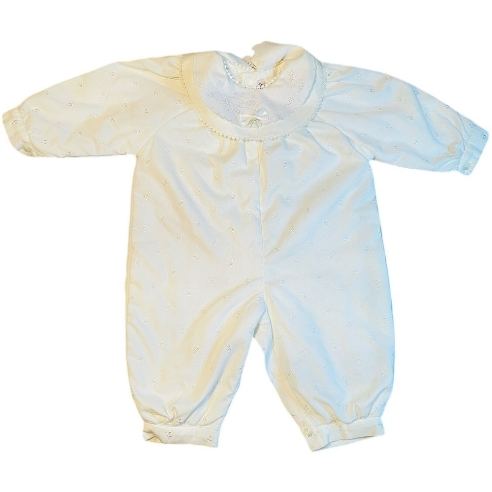 Aletta Romper Baby Girl 12M White Cotton Embroidered Peter Pan Collar Italy